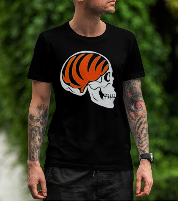 Goodberry Bengals Brain Skull With Orange Tiger Stripes T-Shirt