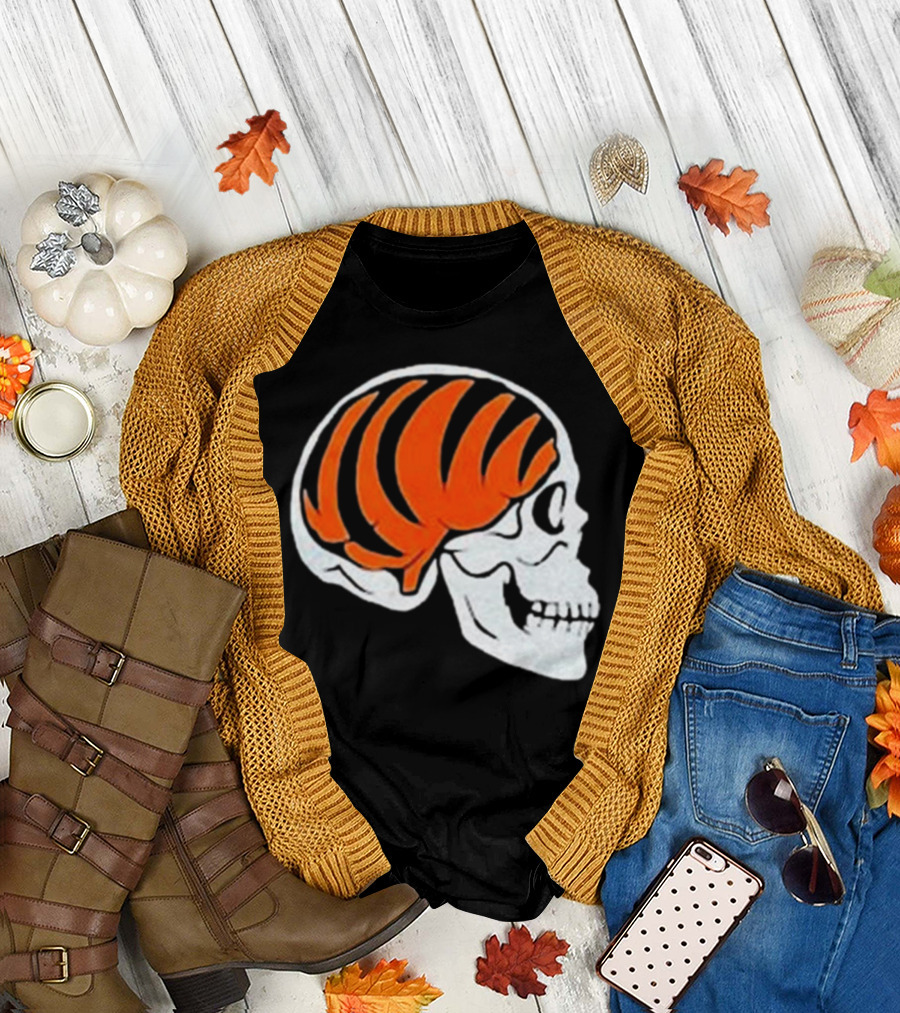 Goodberry Bengals Brain Skull with Orange Tiger Stripes T-Shirt
