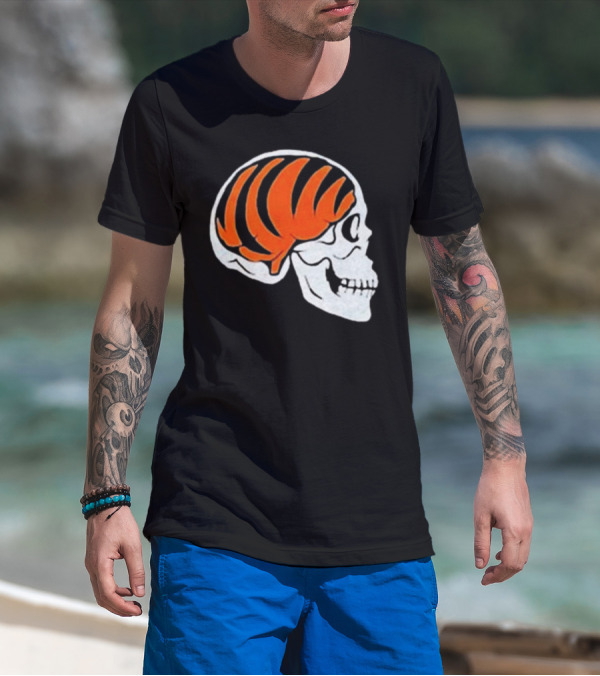Goodberry Bengals Brain Skull With Orange Tiger Stripes T-Shirt