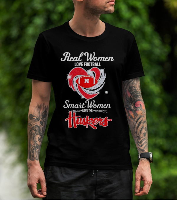 Real Women Love Football Smart Women Love The Huskers Diamond Heart Nebraska Cornhuskers T-Shirt