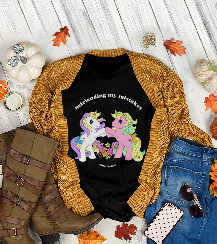 Befriending My Mistakes Doña Batata Unicorns with Colorful Flowers T-Shirt