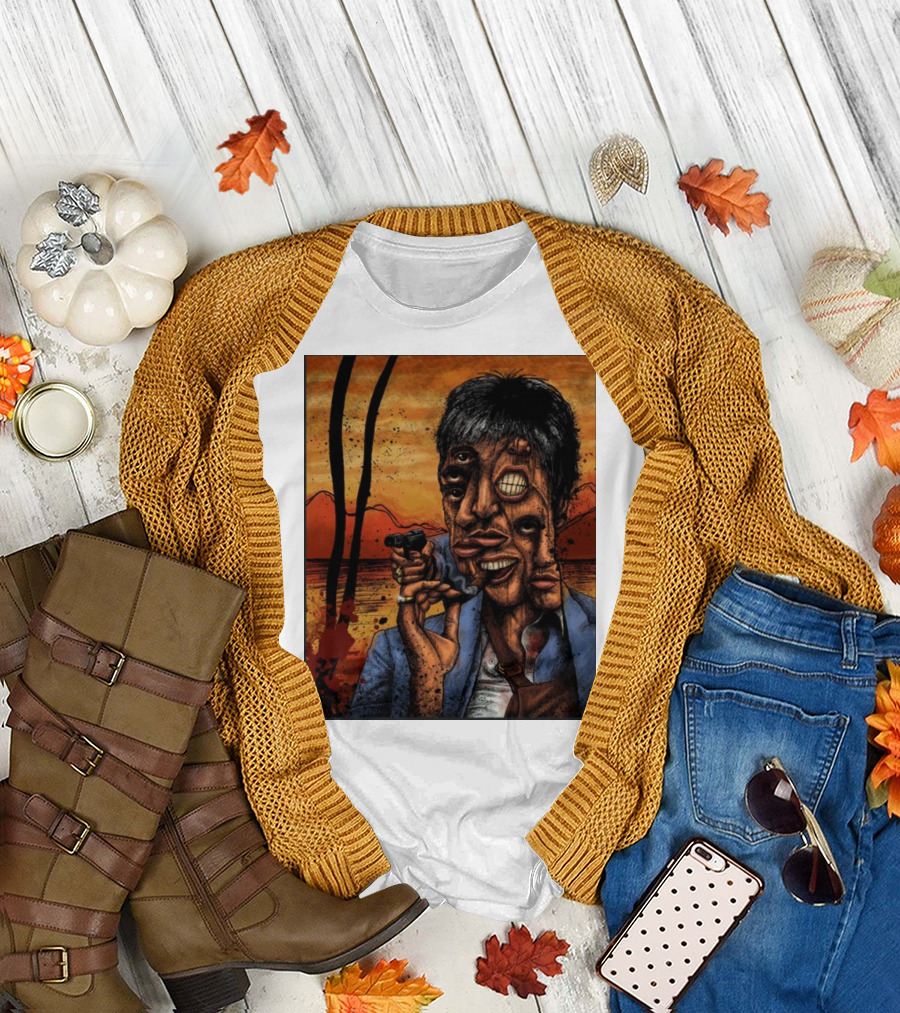 Kightek Scarface Abstract Multieyed Character with Gun and Sunset Background T-Shirt