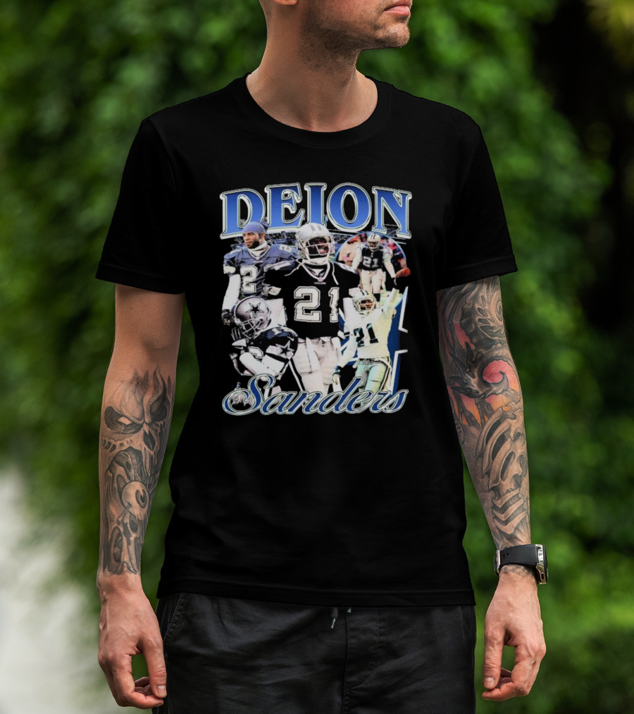 Deion Sanders Dallas Cowboys Collage With Number 21 And Star Helmet T-Shirt