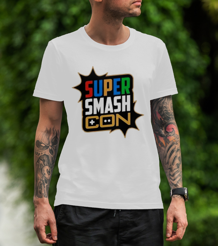 Super Smash Con Logo With Game Controller Icon Colors Burst T-Shirt