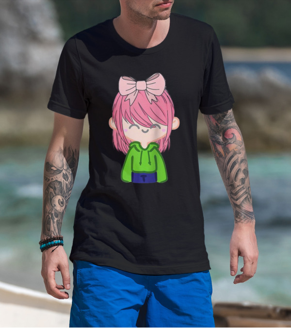 Alli Cat Pink Hair Girl Green Hoodie Bow Raglan Baseball T-Shirt