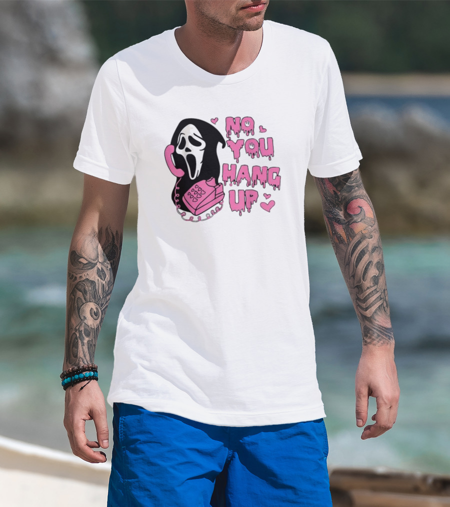 No You Hang Up First Ghost Face Pink Phone Halloween T-Shirt