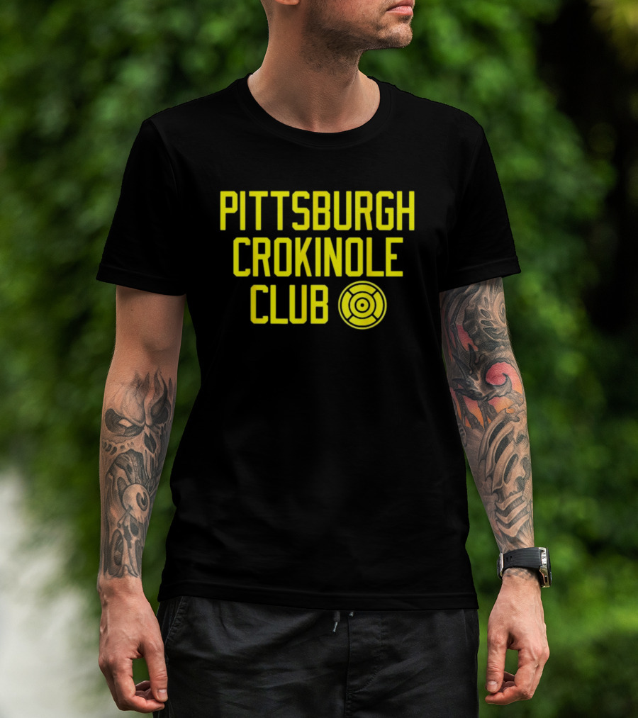 Pittsburgh Crokinole Club Yellow Text With Crokinole Disc T-Shirt