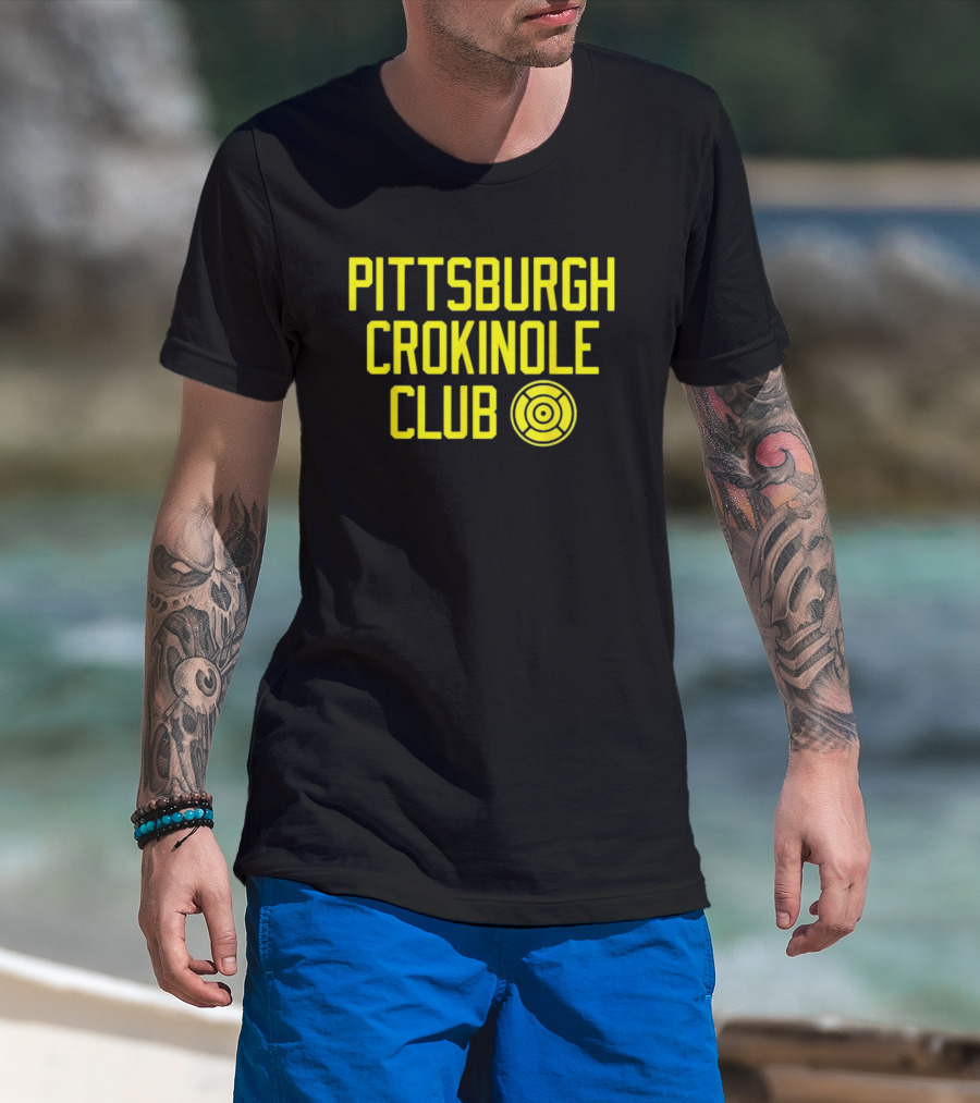 Pittsburgh Crokinole Club Yellow Text With Crokinole Disc T-Shirt