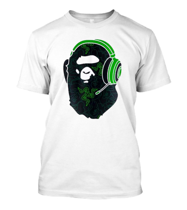 Bape X Razer Neon Camo Ape Head With Green Gaming Headset T-Shirt