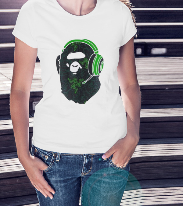 Bape X Razer Neon Camo Ape Head With Green Gaming Headset T-Shirt