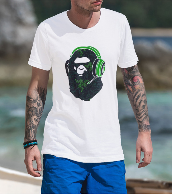 Bape X Razer Neon Camo Ape Head With Green Gaming Headset T-Shirt
