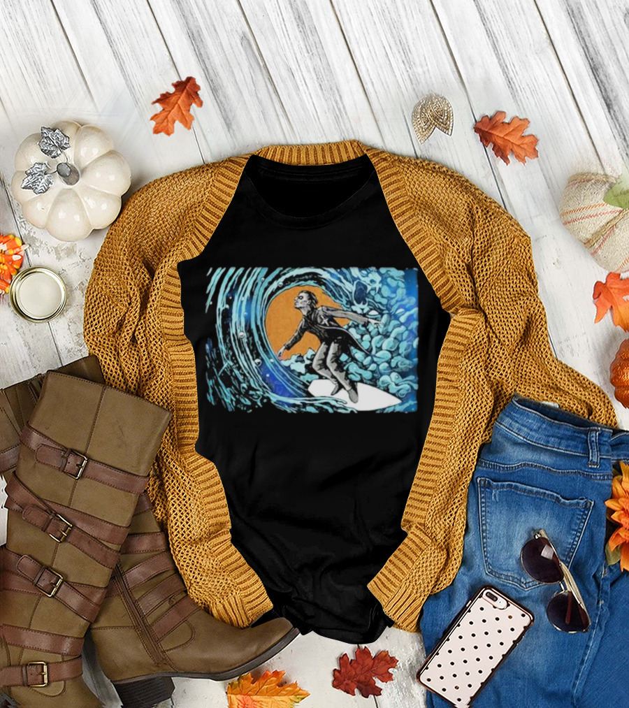 Maedenart Ghost Evil Surfer Riding Wave with Blue Turbulence T-Shirt