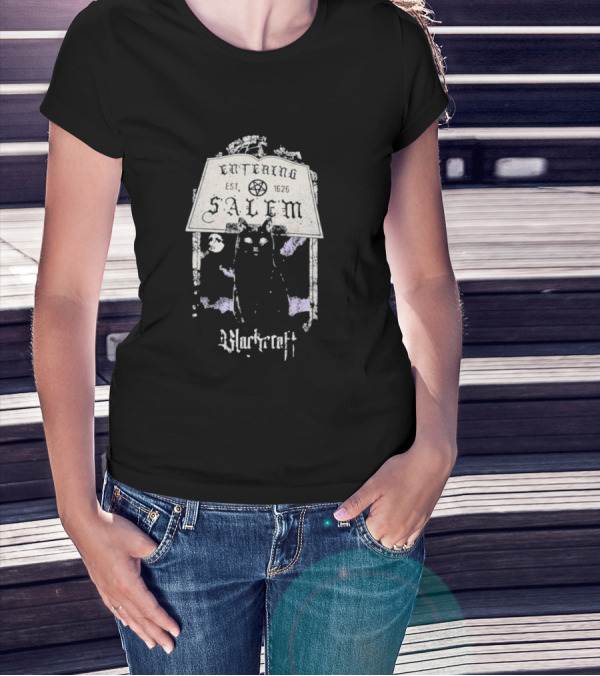 Entering Est 1626 Salem Blackcraft Cult Black Cat And Pentagram T-Shirt