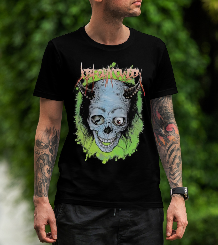 Job For A Cowboy Demon Skull Green Background T-Shirt