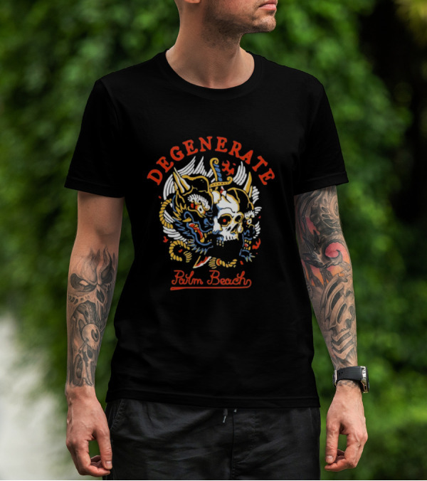 DEGENERATE Masked Skull And Dragon Palm Beach T-Shirt