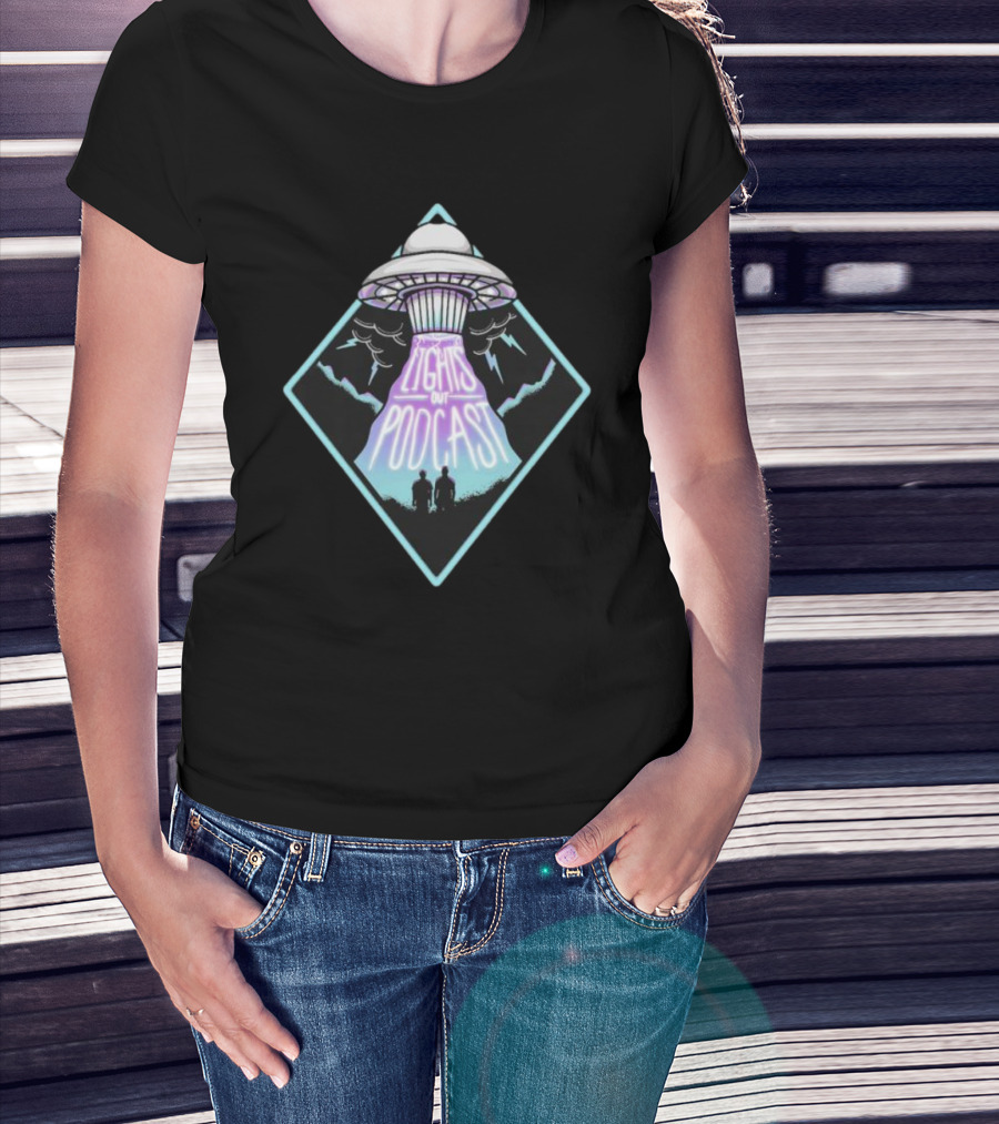 Lights Out Podcast UFO Design With Silhouette And Lightning T-Shirt