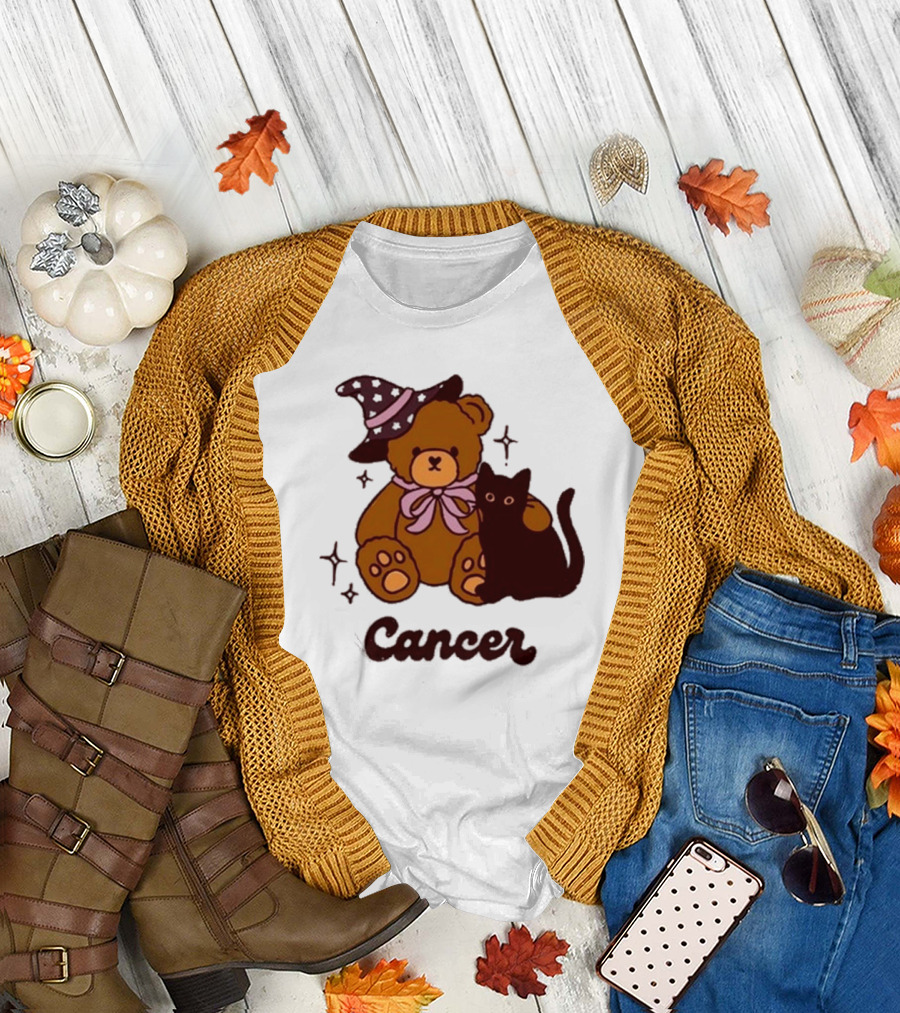 Cancer Teddy Bear with Witch Hat and Black Cat T-Shirt