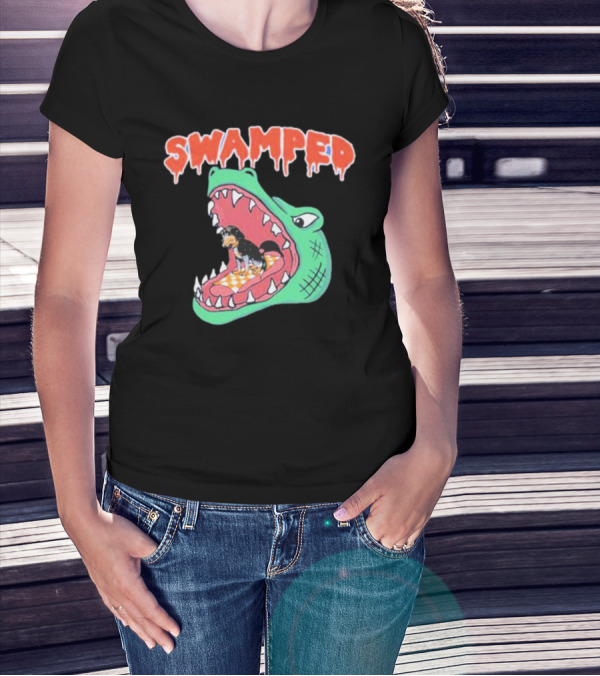 Swamped Alligator Cartoon With Small Dog In Mouth T-Shirt