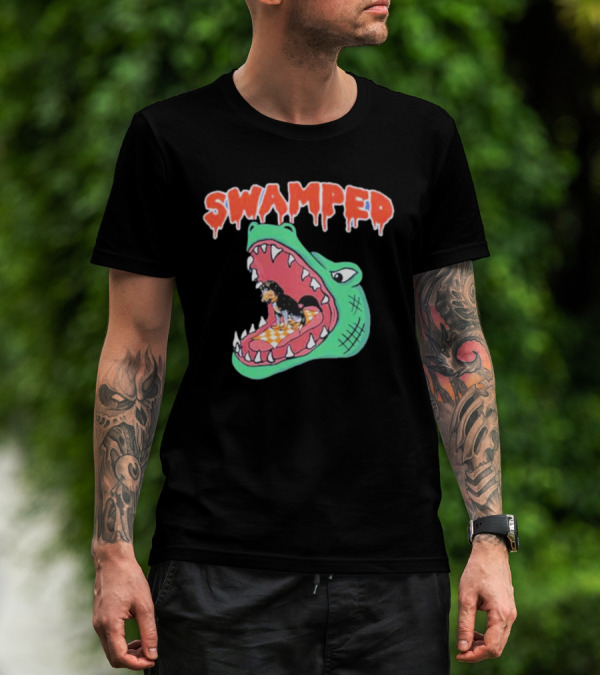 Swamped Alligator Cartoon With Small Dog In Mouth T-Shirt