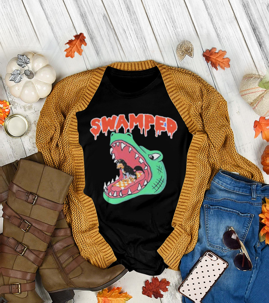 Swamped Alligator Cartoon with Small Dog in Mouth T-Shirt