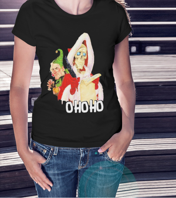 Death With Albert Skeleton Santa And Grumpy Elf Ho Ho Ho T-Shirt