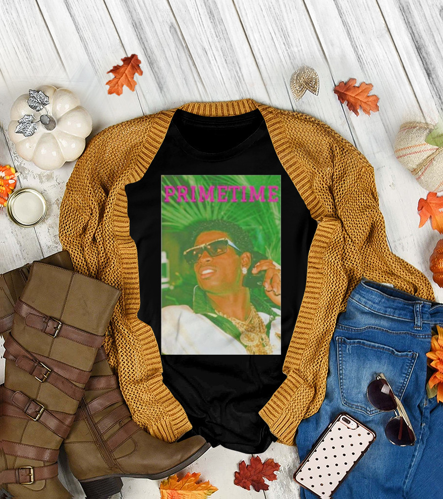 PRIMETIME Deion Sanders Sunglasses Gold Chains Retro Vibe T-Shirt