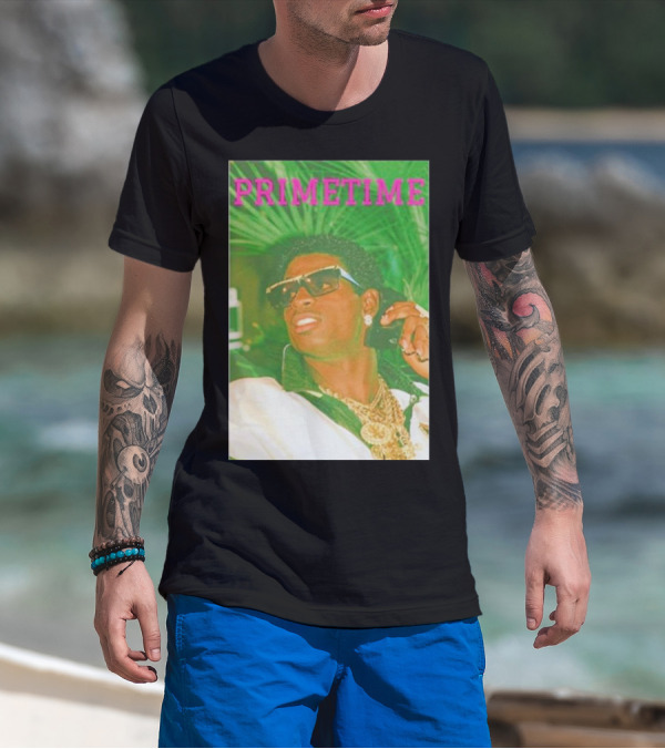 PRIMETIME Deion Sanders Sunglasses Gold Chains Retro Vibe T-Shirt
