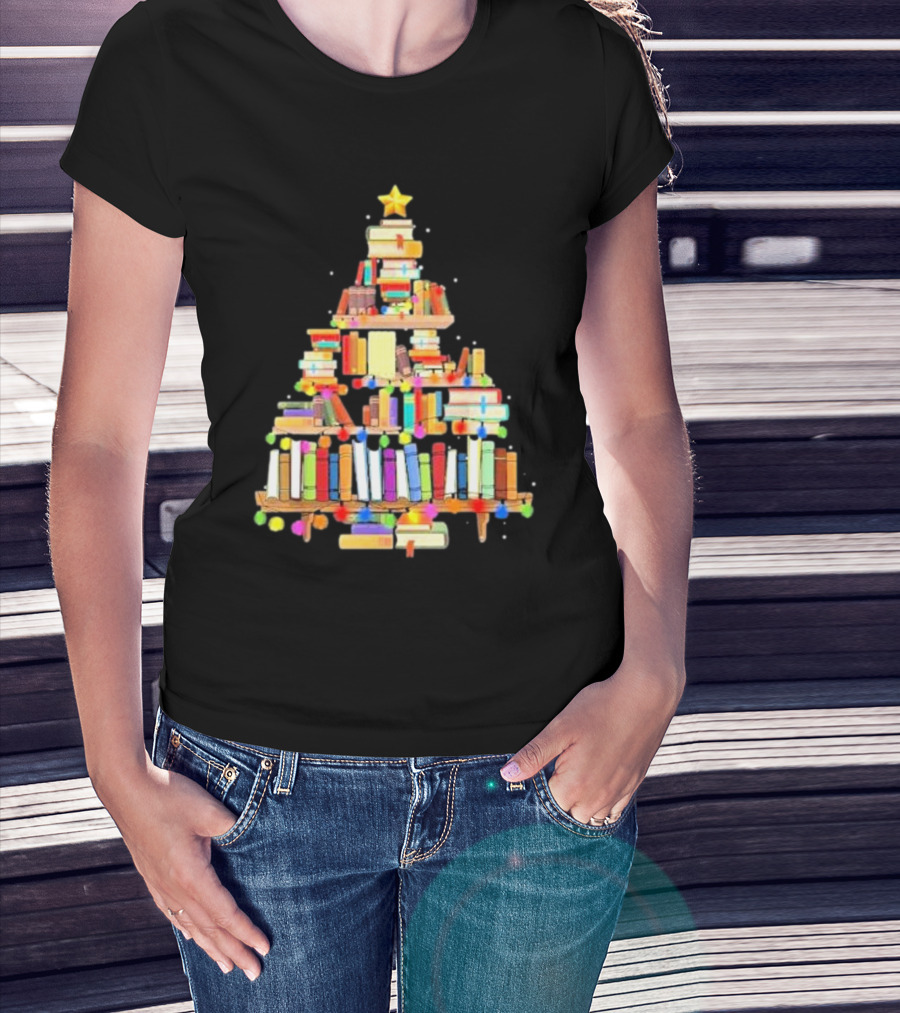 Christmas Tree Made Of Stacked Colorful Books With Star And Lights T-Shirt