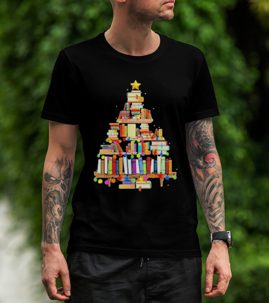 Christmas Tree Made Of Stacked Colorful Books With Star And Lights T-Shirt