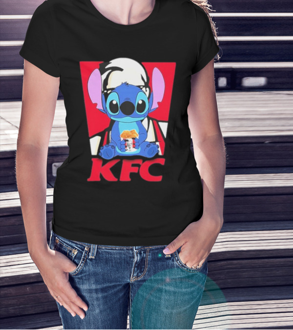 Stitch Eating KFC With Logo Background T-Shirt