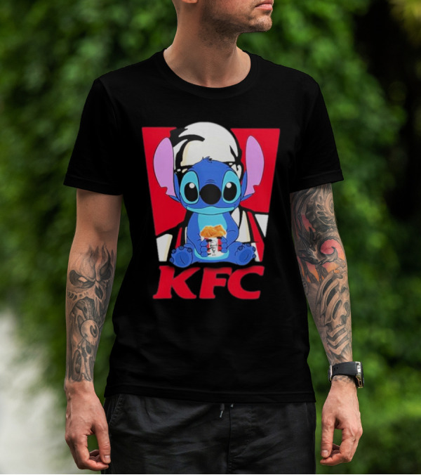 Stitch Eating KFC With Logo Background T-Shirt