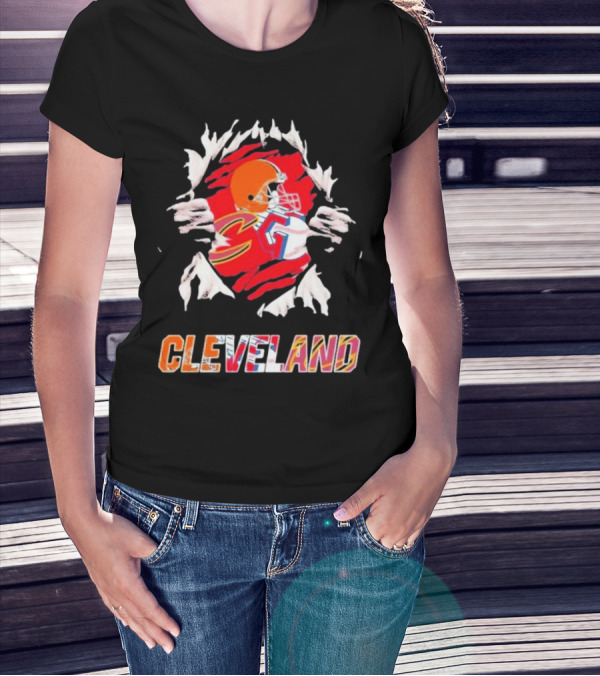 Cleveland Football Helmet And Jersey Inside Torn T-Shirt