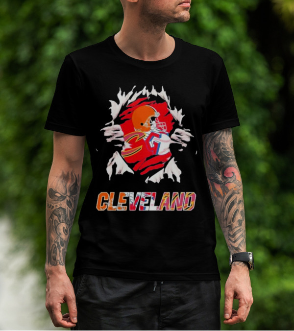 Cleveland Football Helmet And Jersey Inside Torn T-Shirt