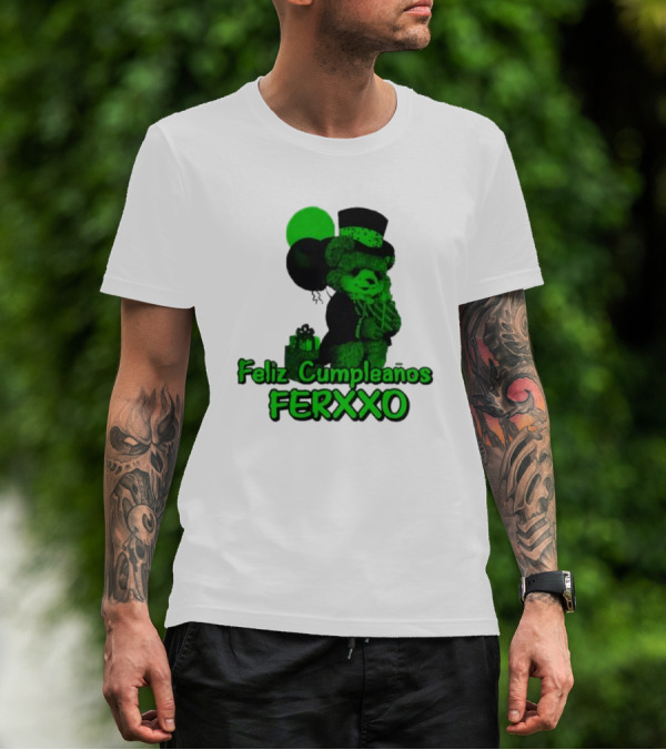 Feliz Cumpleaños Ferxxo Teddy Bear Green Balloons Black Top Hat T-Shirt