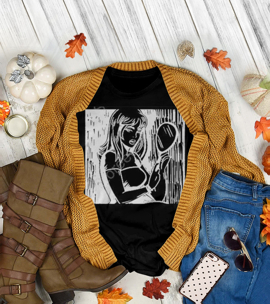 Billie Eilish Store Mirror Art Black and White Line Drawing Woman with Handheld Mirror T-Shirt