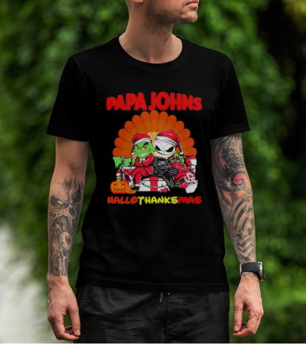 Papa Johns Baby Grinch Baby Jack Skellington HalloThanksMas T-Shirt