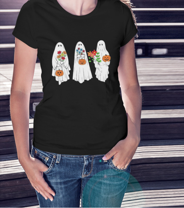 Floral Ghost Pumpkin Halloween Trio With Colorful Bouquet T-Shirt