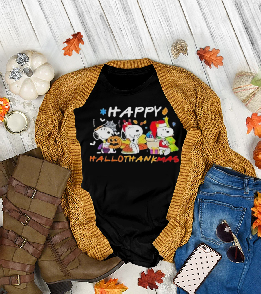 Happy Hallothankmas Snoopy Halloween Thanksgiving Christmas T-Shirt