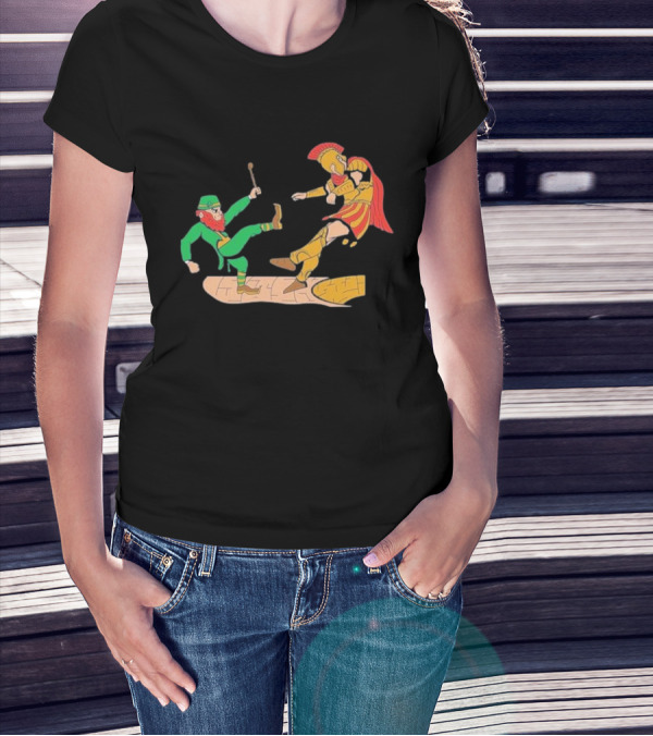 Notre Dame Leprechaun Vs. Trojan Warrior Kick Battle T-Shirt