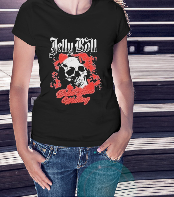 Jelly Roll Dead Man Walking Black Floral Skull Roses T-Shirt