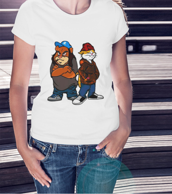 Phobik X Ratchet Cartoon Bear In Blue Cap And Cat In Red Beanie T-Shirt