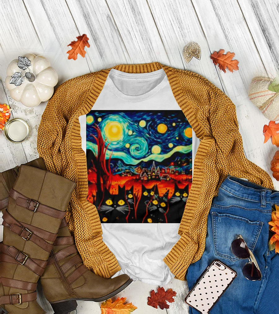 Starry Night Black Cat Van Gogh T-Shirt