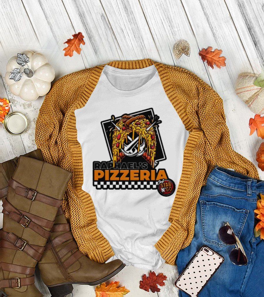 Raphael's Pizzeria Just Stab N' Go Pizza Graphic with Slicing Swords T-Shirt