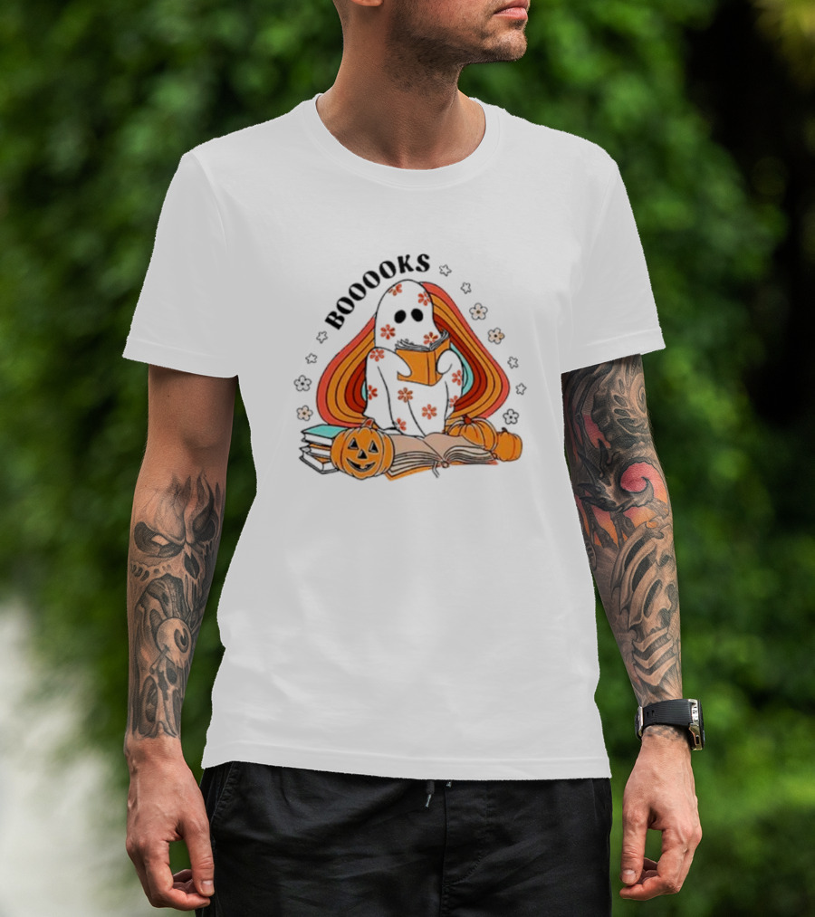 BOOOOKS Ghost Reading With Pumpkins And Flowers T-Shirt