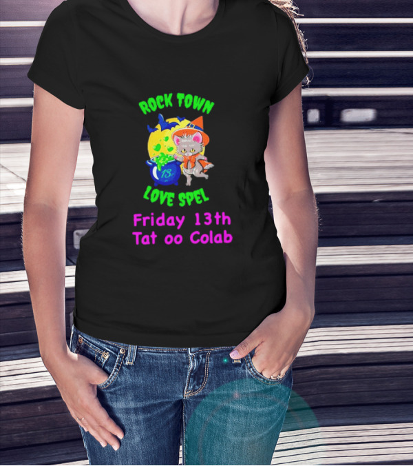 Rock Town Love Spell Friday 13th Tattoo Collab Cat Pumpkin Moon T-Shirt
