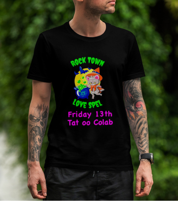 Rock Town Love Spell Friday 13th Tattoo Collab Cat Pumpkin Moon T-Shirt