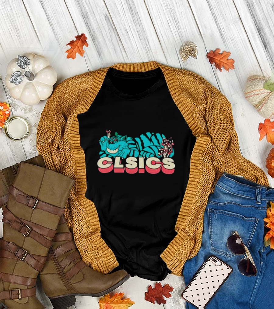 CLSICS Smiling Blue Striped Cat Fun Mushrooms T-Shirt