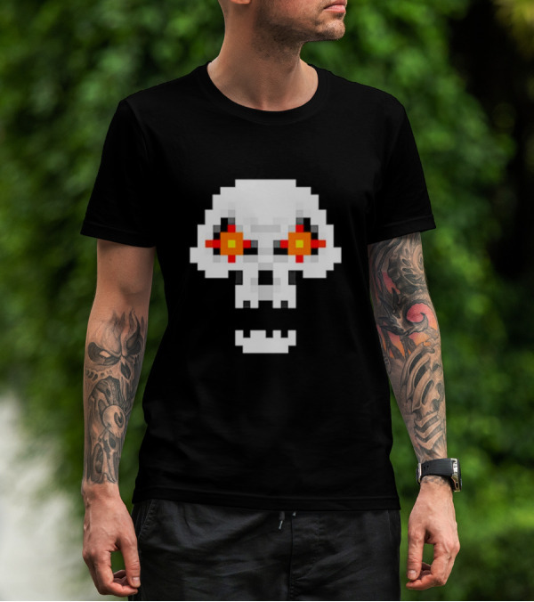 Crossing Skull Log Pixelated Gaming Skull With Red-Eyed Glare T-Shirt