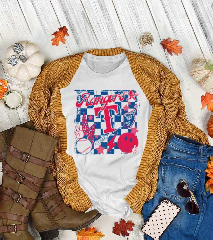 Rangers T Large Checkerboard Stars Baseball Smiley Lightning Peace T-Shirt