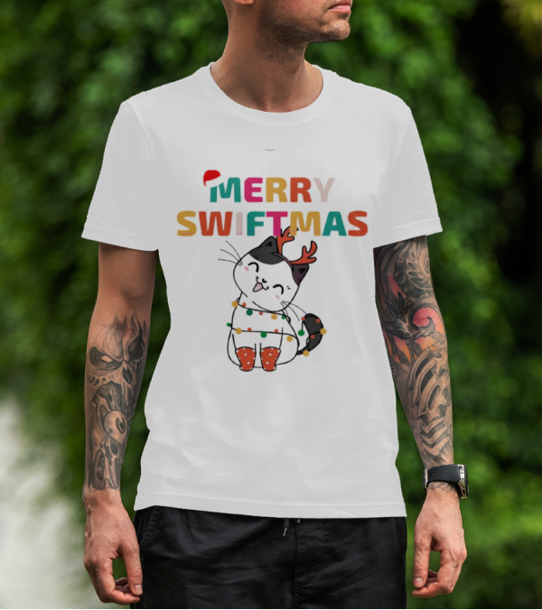 Merry Swiftmas Christmas Cat With Reindeer Antlers And Festive Lights T-Shirt